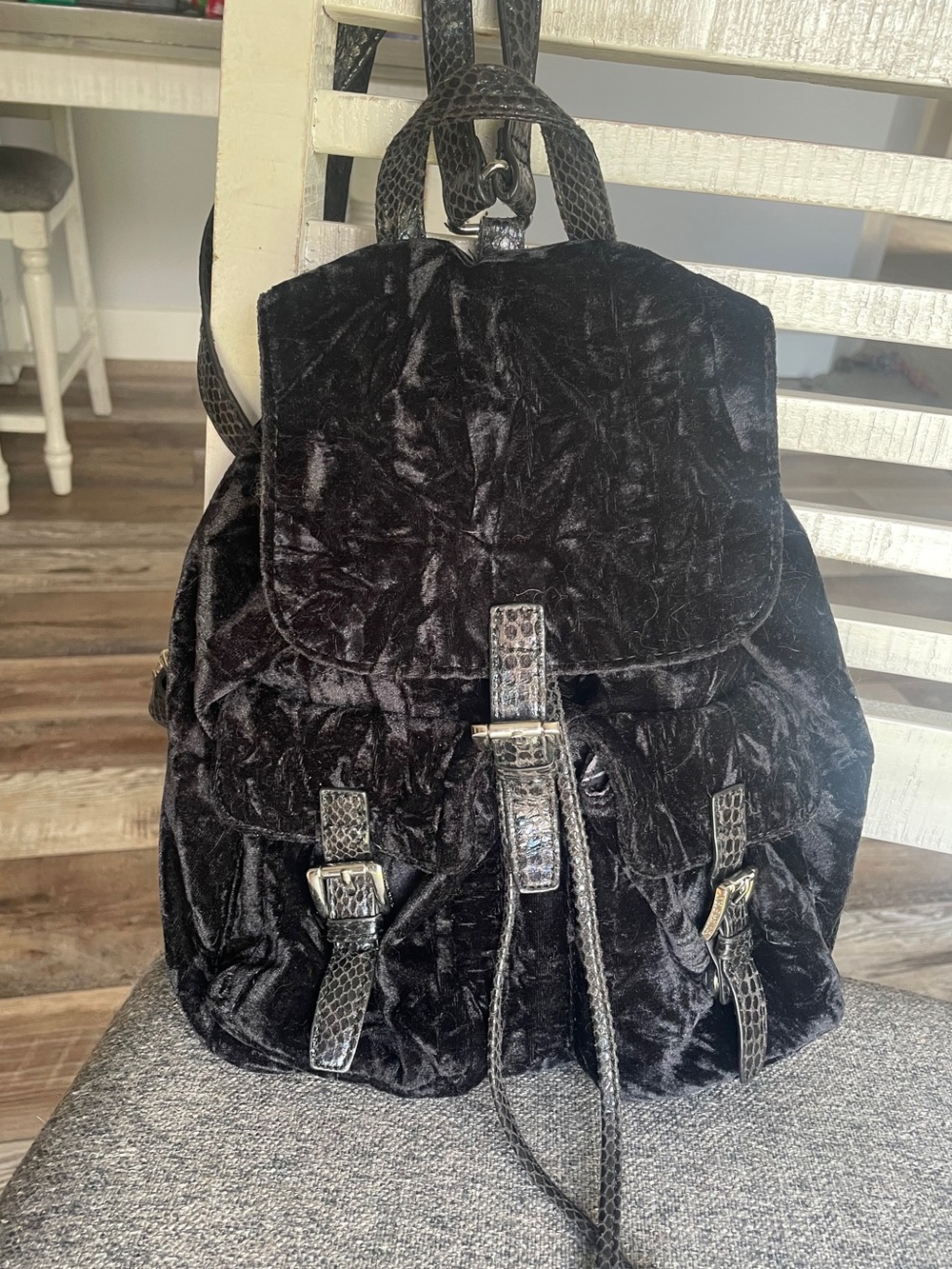Steve Madden Black Crushed Velvet Buckle Flap closure mini Backpack -